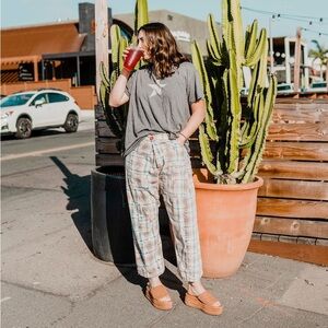 Magnolia Pearl Provision Trousers Plaid with distressing patches quilted